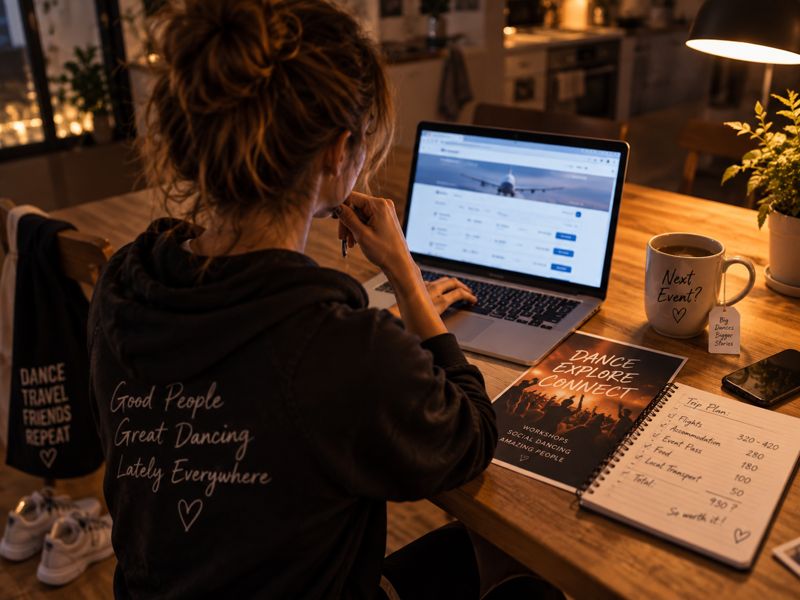 A dancer at a kitchen table at night, comparing flight prices