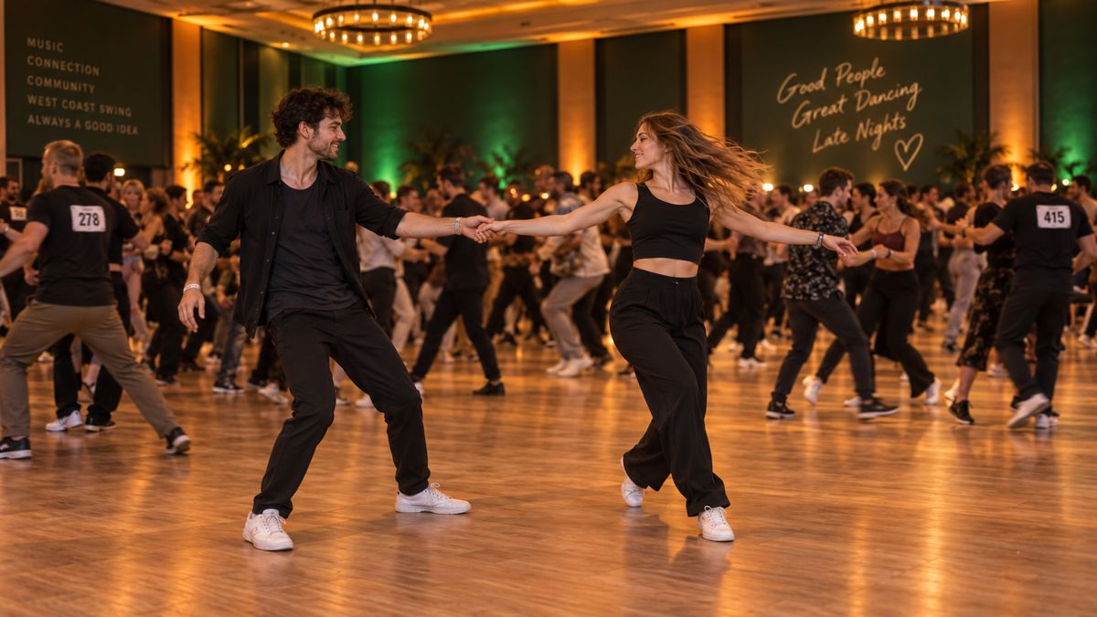 A full social dance floor at night