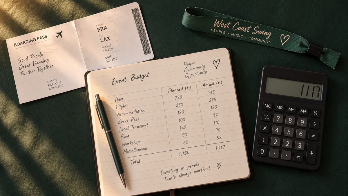 A notebook with an event budget, a boarding pass and an event wristband
